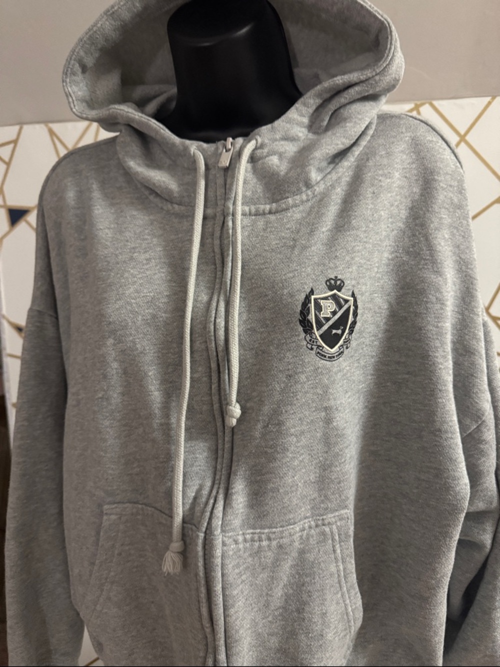 PINK Victoria's Secret Light Gray Zip-Up Hoodie with Crest